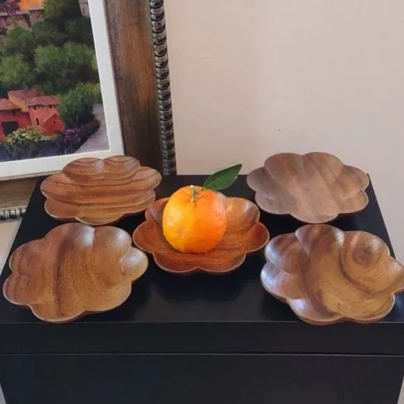 Vintage Monkey Pod Wood 5pc Small Scalloped Bowls by Hibiscus - Picture 1 of 6